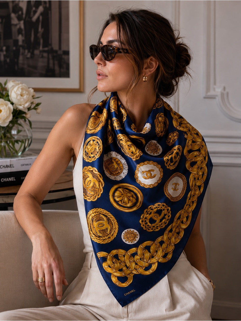 Authentic Vintage Chanel CC Medallion Chain Silk Scarf Navy Gold France